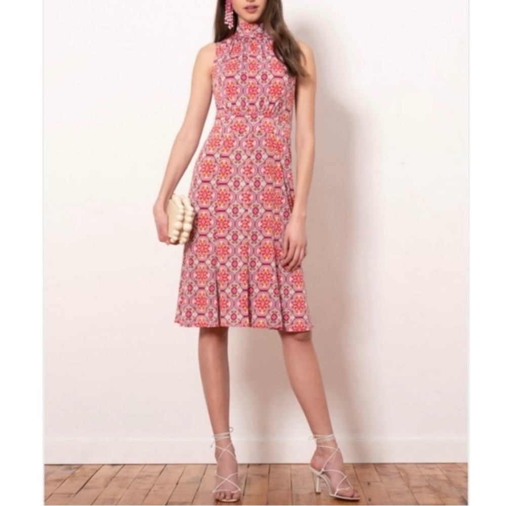 🆕 Donna Morgan Lolita Dress Magenta Design Halter Sleeveless High Neck Tie S 6